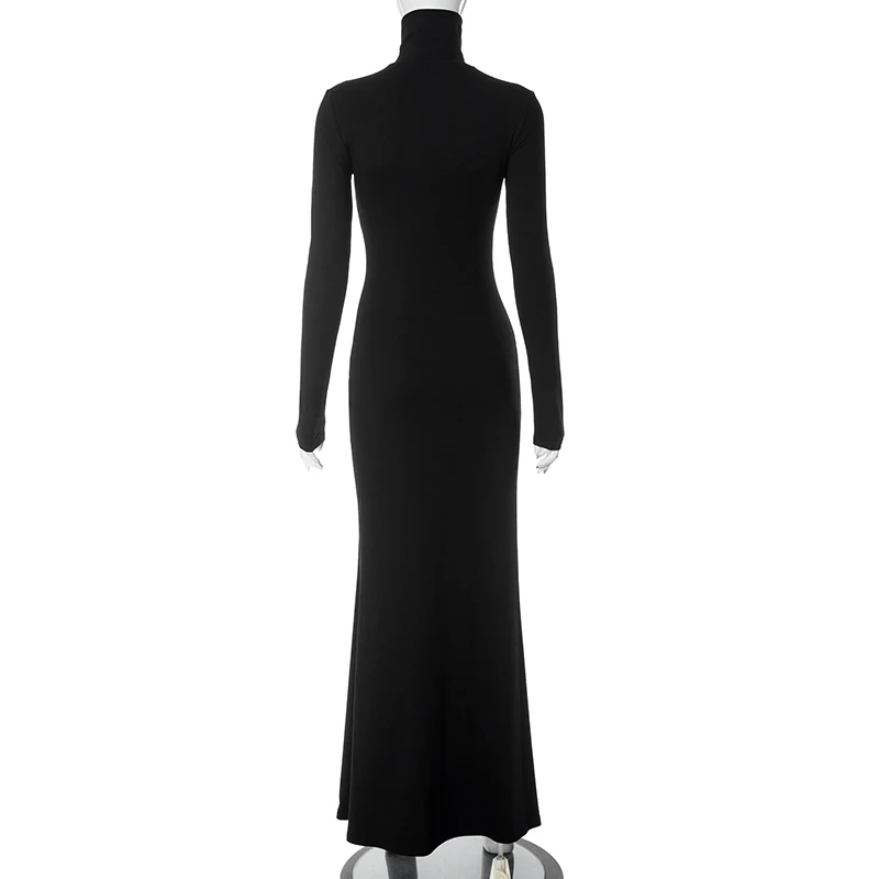 Black Noble Simple Dress High Collar Long Sleeve Basic Fishtail Prom Occasion Slim Dress Streetwear For Autumn 12 Black Noble Simple Dress High Collar Long Sleeve Basic Fishtail Prom Occasion Slim Dress Streetwear For Autumn