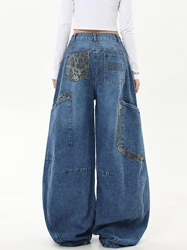 American Retro Leopard Print Stitching Boyfriend Jeans