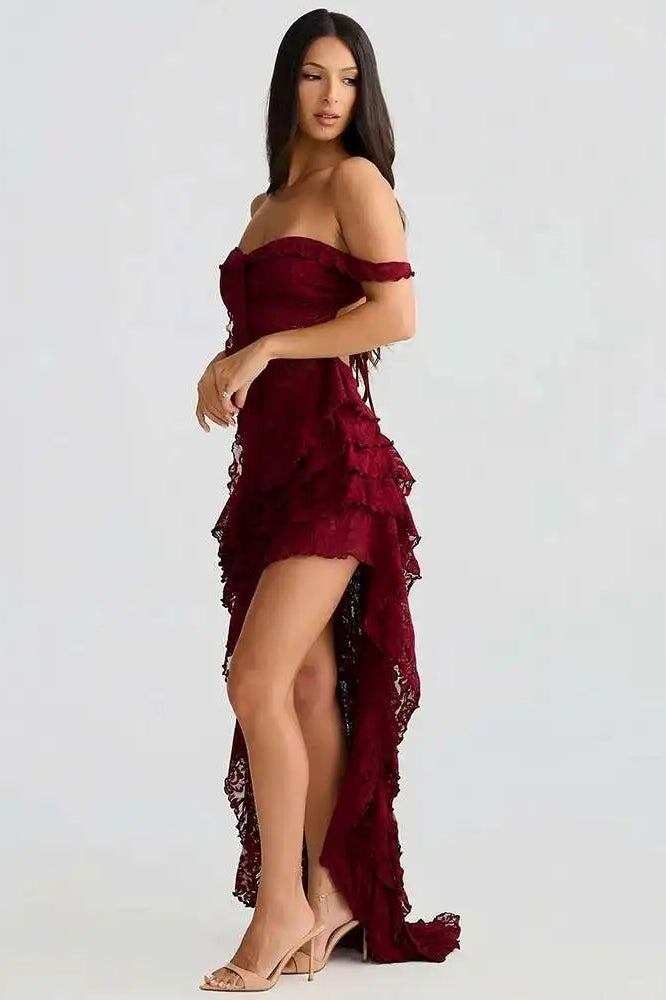 Floral Lace Off-Shoulder Tie-Front Tiered High-Low Ruffle Midi Dress
