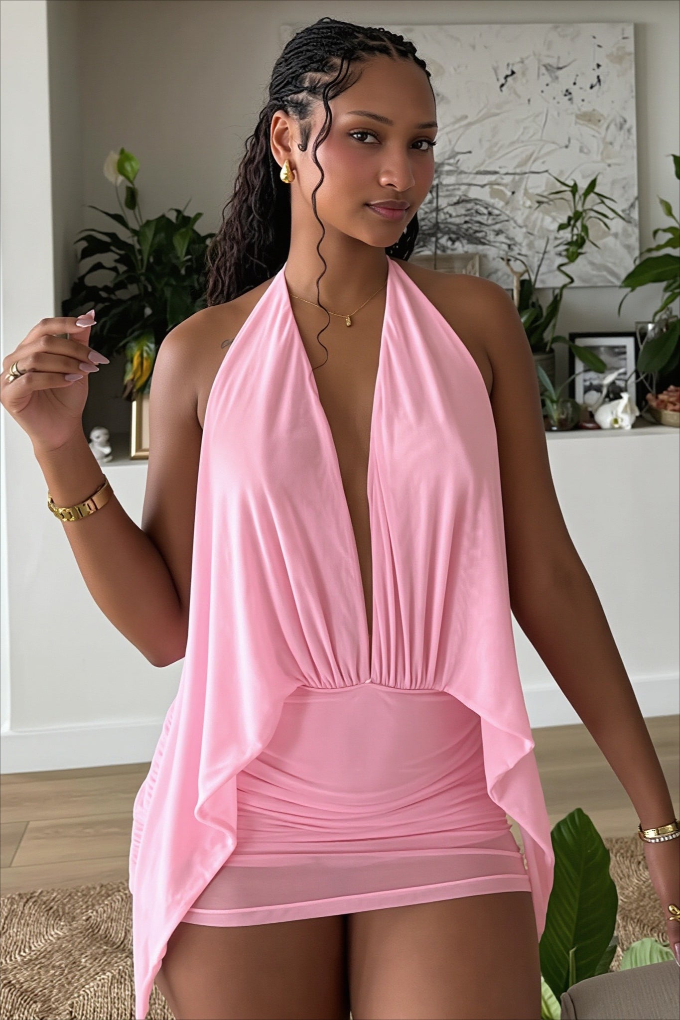 Plunging Halter Draped Cape Bodice Ruched Bodycon Mini Dress