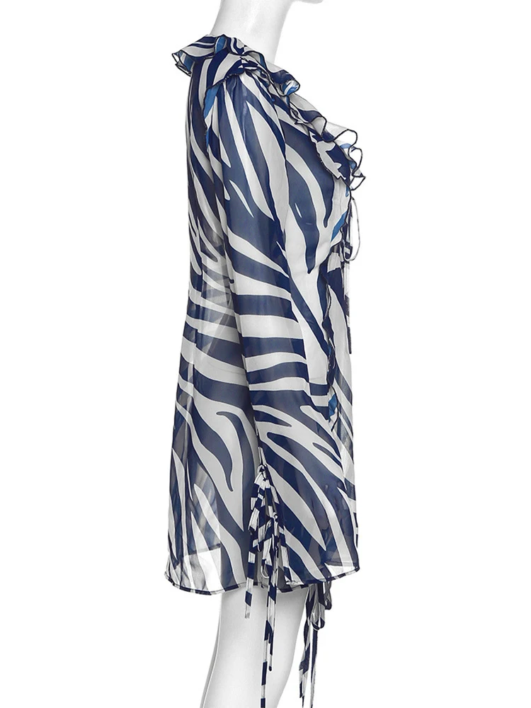 JULISSA MO Chiffon Sheer Bandage V-Neck Longsleeve Mini Dress For Women Sexy Zebra Print Slim See Through Beach Holiday Dresses