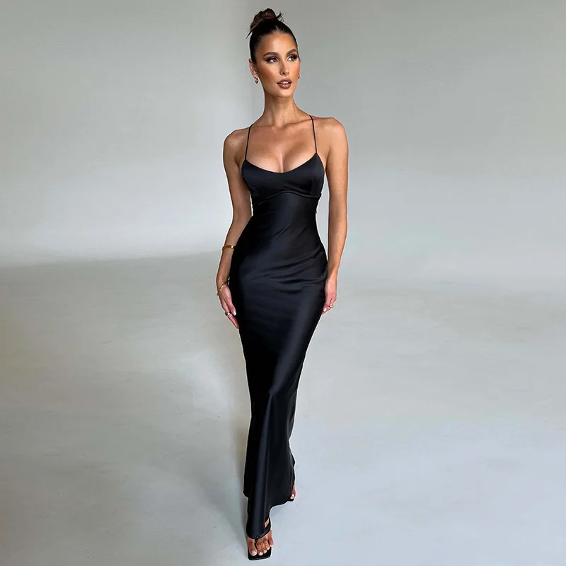 Ootddress Satin Backless Maxi Dress For Women 2025 Autumn New Spaghetti Strap Sleeveless Bodycon Long Dress Vestido Clubwear
