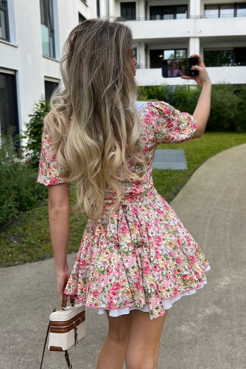 Floral Peter Pan Collar Puff Sleeve Button Front Layered Hem Fit and Flare Mini Dress