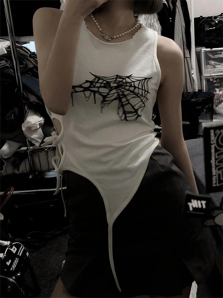 Summer Spider Web Print Tank Tops Aesthetic Hollow Out Bandage Punk Vest Irregular Women Causal Basic Y2k Streetwear Crop Top