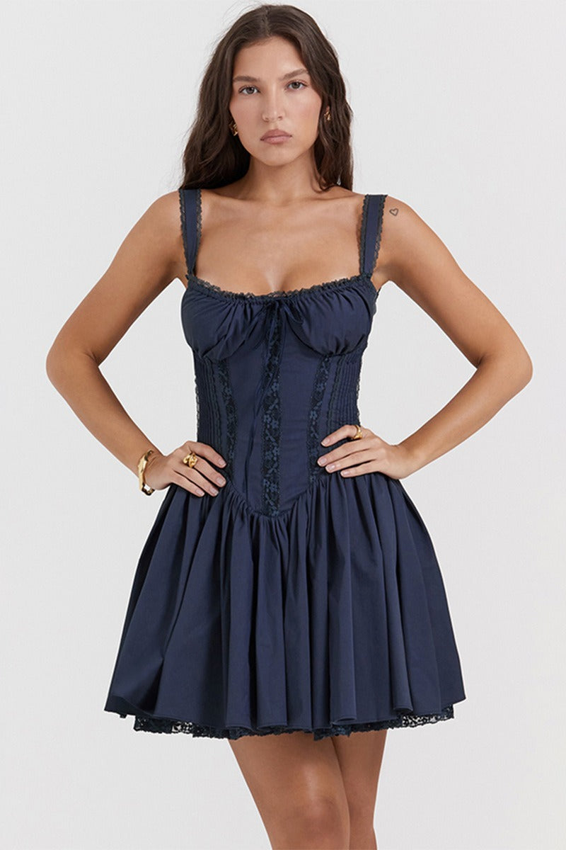 Spaghetti Strap Lace Trim Ballet Neck A-Line Mini Dress