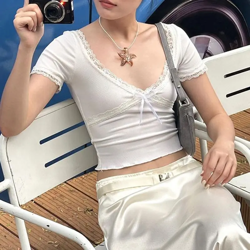 Cute Bandage Bow Cropped Top White Sweet Knitted Lace Splicing T Shirts Summer Casual V-neck Tees Women y2k Aesthetic Tops 18 Cute Bandage Bow Cropped Top White Sweet Knitted Lace Splicing T Shirts Summer Casual V-neck Tees Women y2k Aesthetic Tops