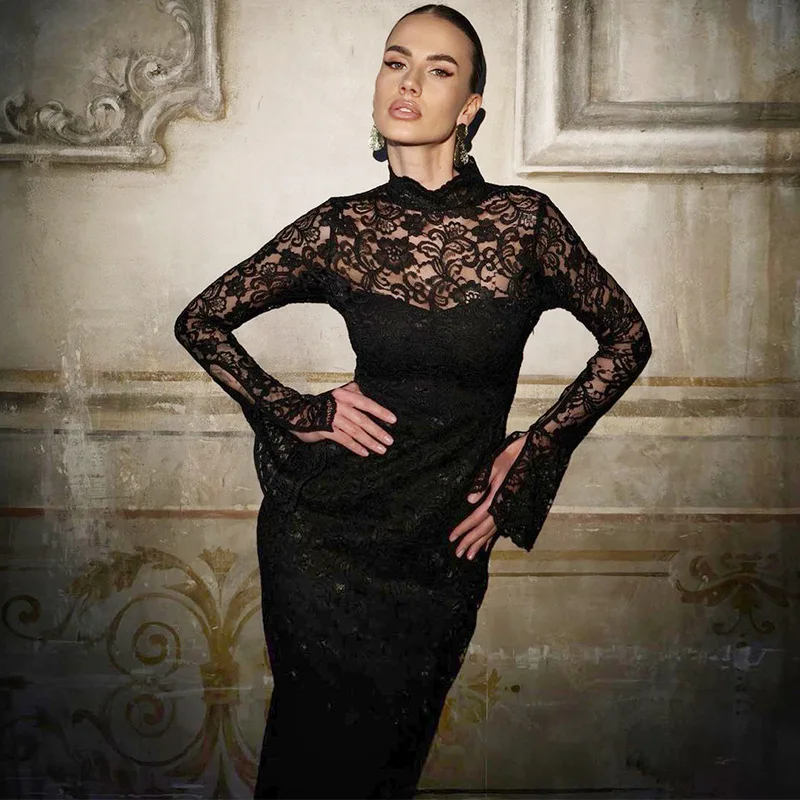 Ootddress Elegant Long Sleeved Lace Patchwork Women Long Dress Summer New Fashion Sexy Slim Fit Bodycon Party Evening Dress