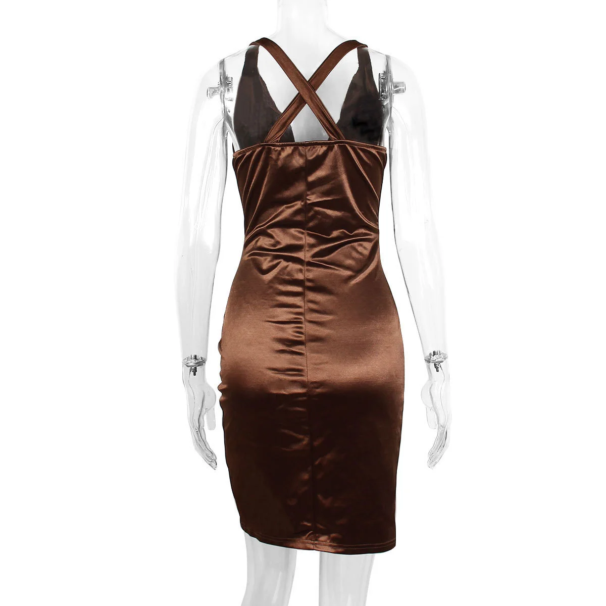 Ootddress Elastic Satin Deep V Neck Ruched Dress For Women Robe Summer Sleeveless Backless Bodycon Club Party Dress Vestido