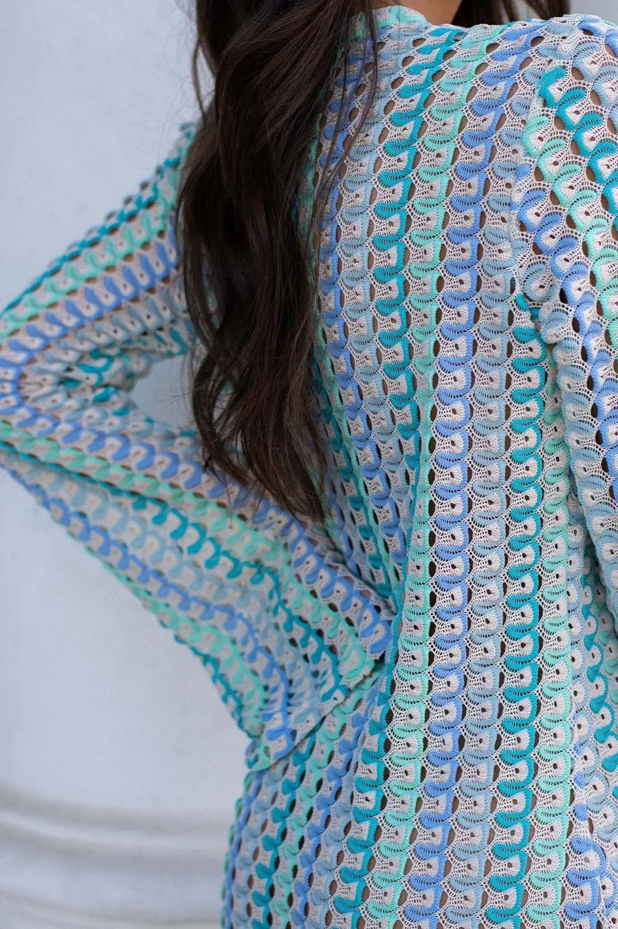 Deep V-Neck Bell Sleeve Geometric Crochet Knit Front Slit Maxi Dress