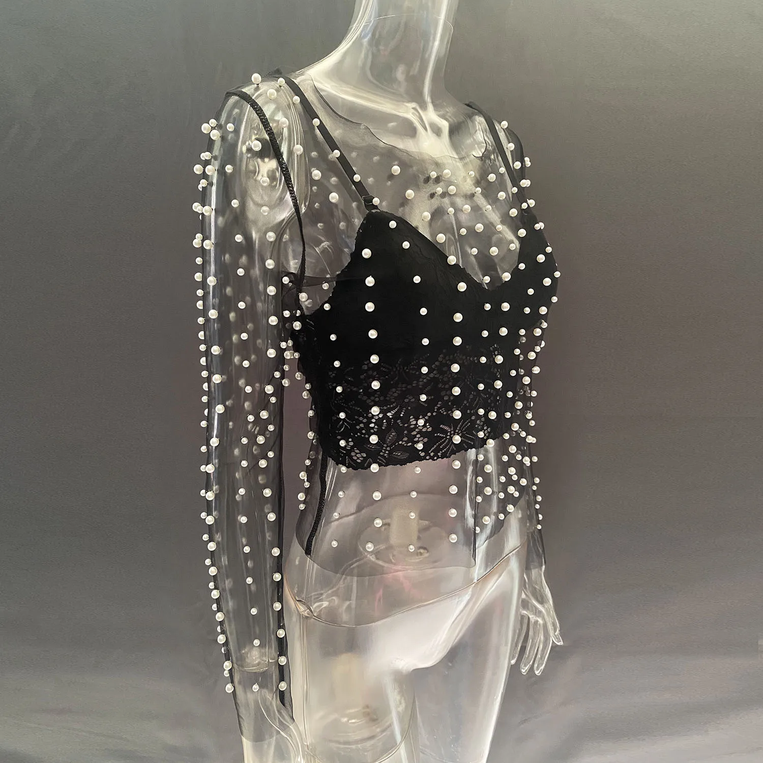 Ootddress Summer Long Sleeve Beach Top Mesh For Women Sheer Lace See-Through Crop top Pearls Cover up Slim Nude sexy Party Outfits