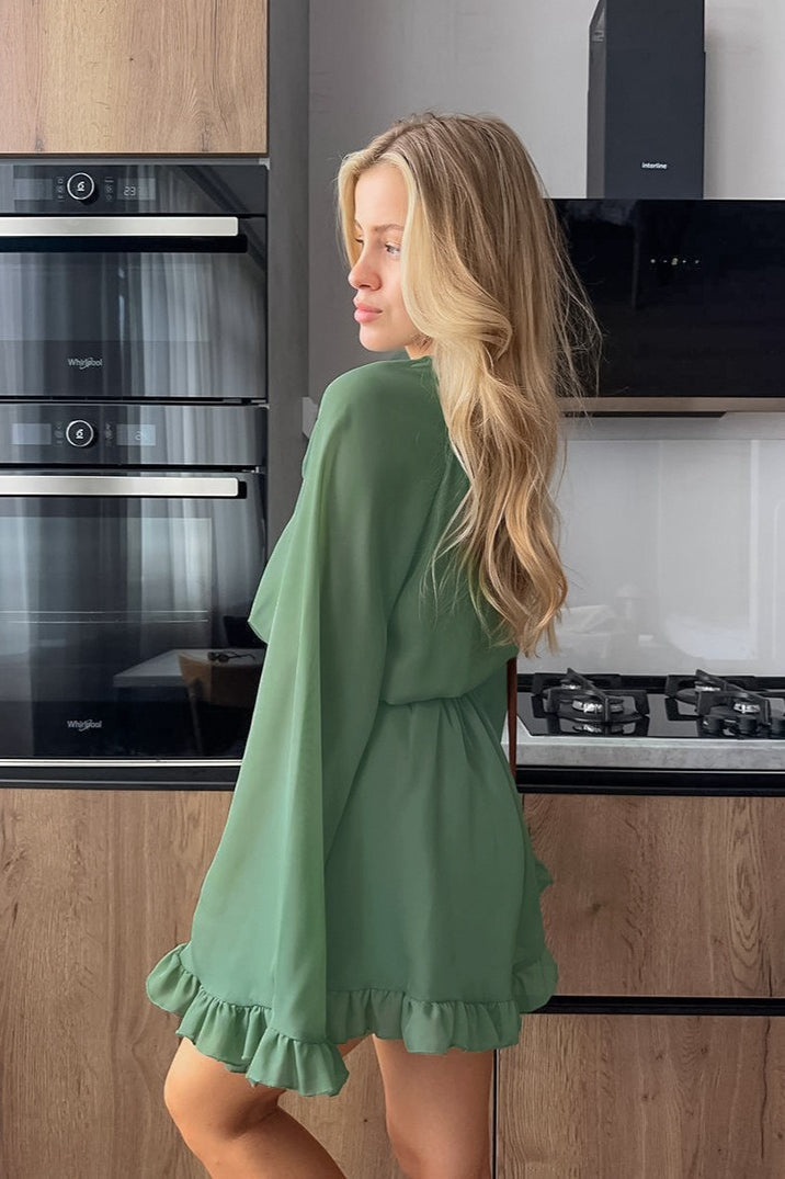 Tie Neck Keyhole Button Front Bell Sleeve Ruffle Hem Romper