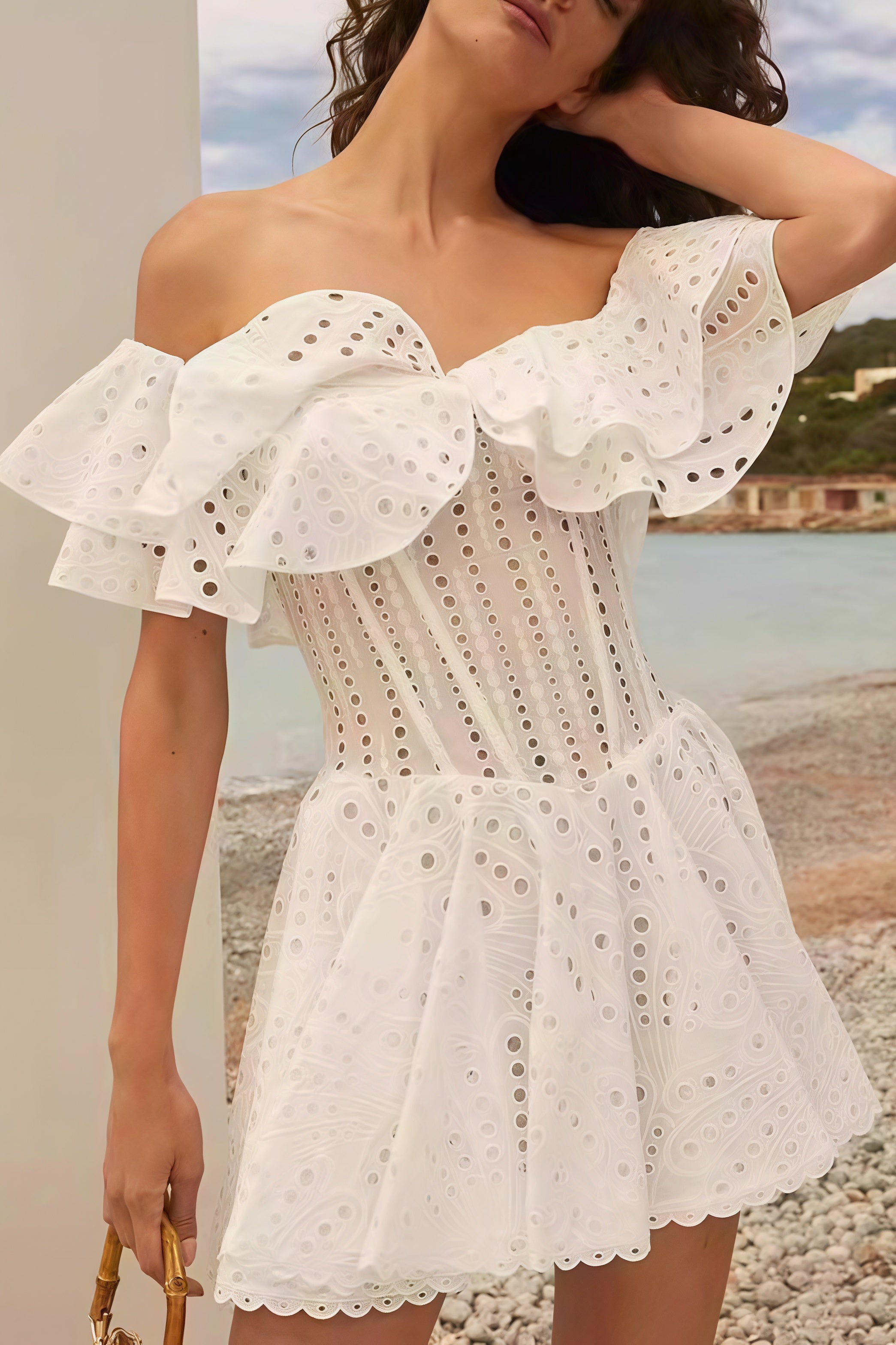 Broderie Anglaise Off Shoulder Tiered Ruffle Fit and Flare Mini Dress
