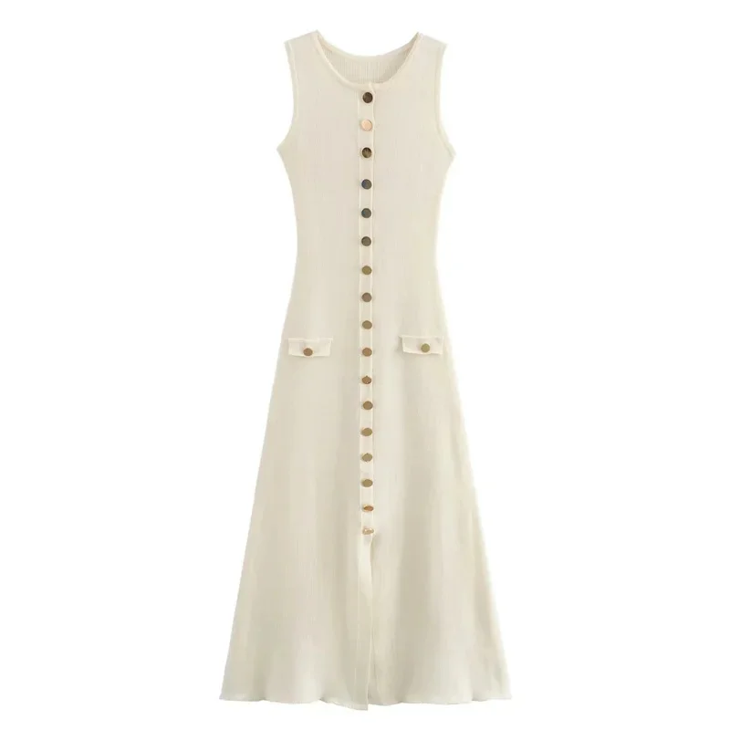 Ootddress Knit Ribbed Cardigan Maxi Dress Female High Waist Slim Pocket Sleeveless Elegant Party Dress Women's Knitwear Long Dress
