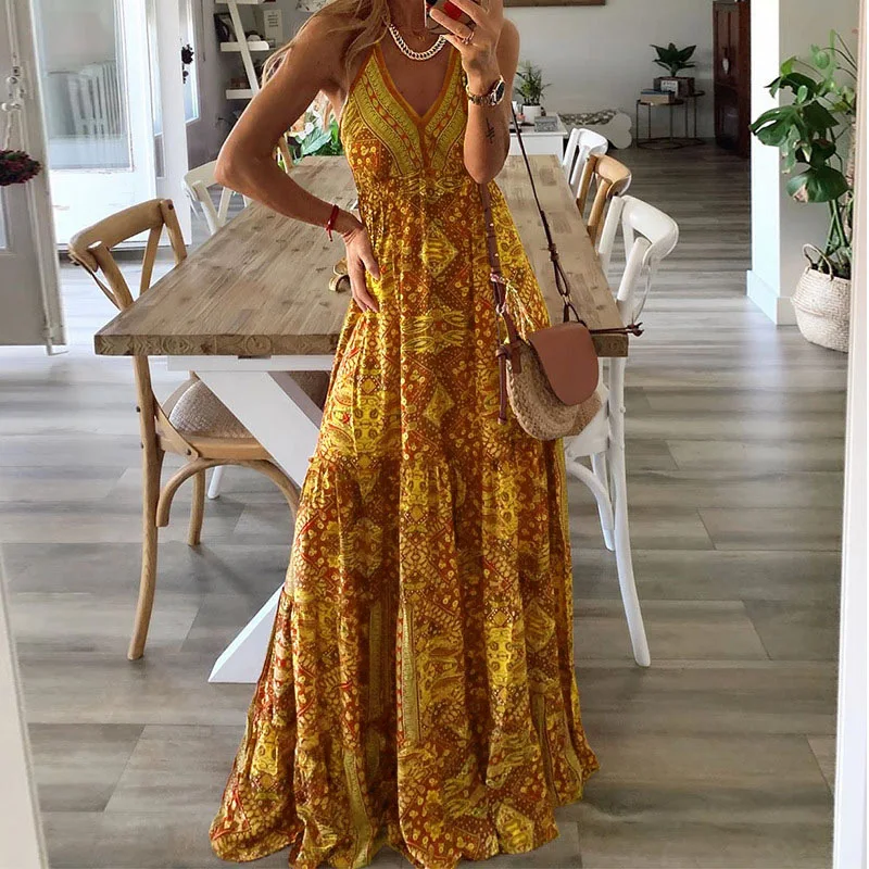 2025 Spaghetti Strap Dresses For Women Vintage Printed Bohemian Style Beach Dress Fashion Sexy V-neck Lady Maxi A-line Vestidos