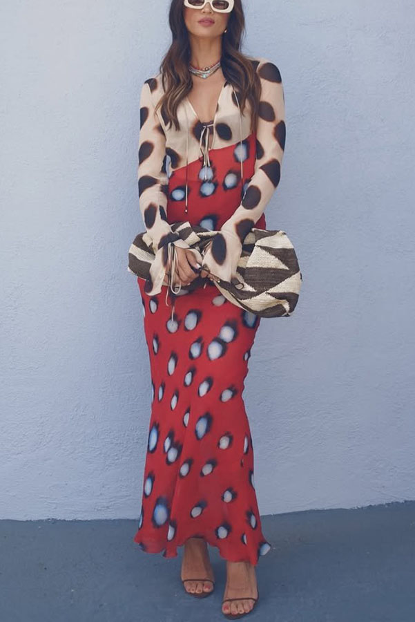 Sabine Animal and Butterfly Print Colorblock Long Sleeve Bias Cut Maxi Dress