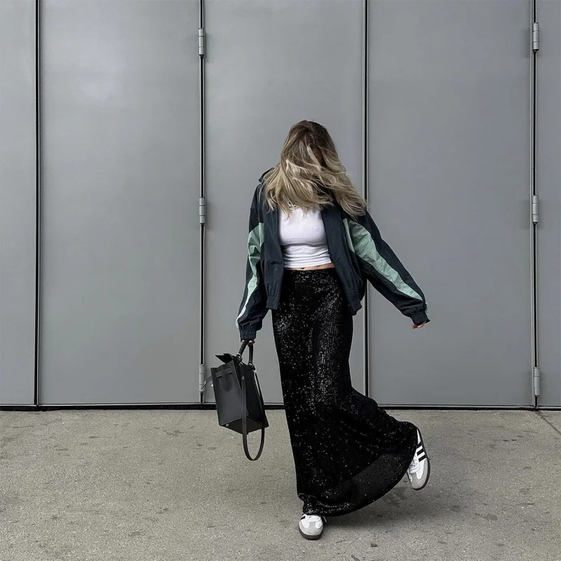 Ootddress Sequins Loose Dress Sets Women Long Sleeve Crop Tops High Waist Sexy Maxi Skirts Ladies Two Piece Suits Womens Outifits