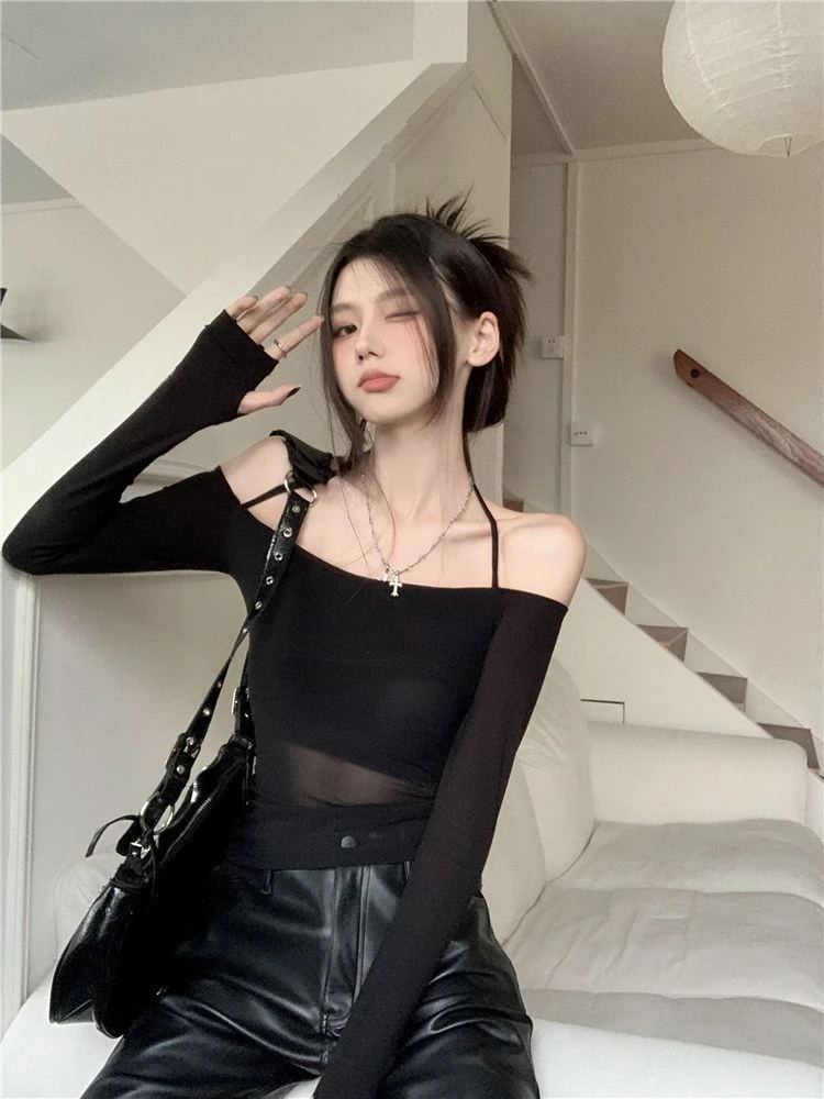 Long Sleeve Top Womens Halter 2025 Casual Tee Shirt Gauze Trendy Off Shoulder T Shirts Femme Y2k Crop Top Streetwear Party Club 10 Long Sleeve Top Womens Halter 2025 Casual Tee Shirt Gauze Trendy Off Shoulder T Shirts Femme Y2k Crop Top Streetwear Party Club
