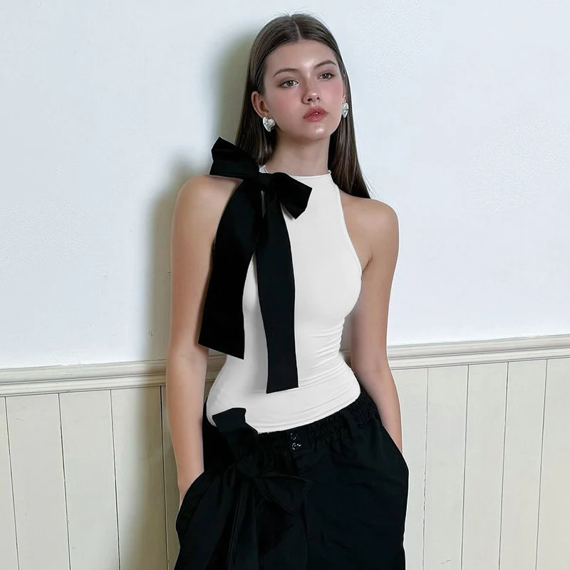 Fashion Slim Fit Sleeveless High Neck One Line Shoulder Bow Bodysuit - Women's Sexy Versatile Pullover