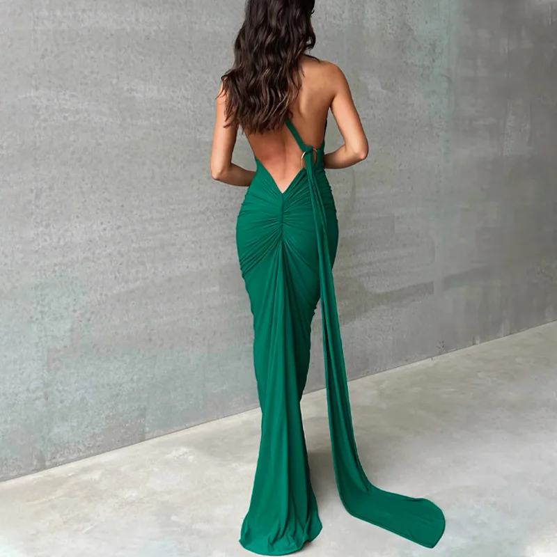 Ootddress Oblique Shoulder Backless Maxi Dress For Women Gown Summer Back Strap Sleeveless Ruched Party Sexy Long Dress Vestidos