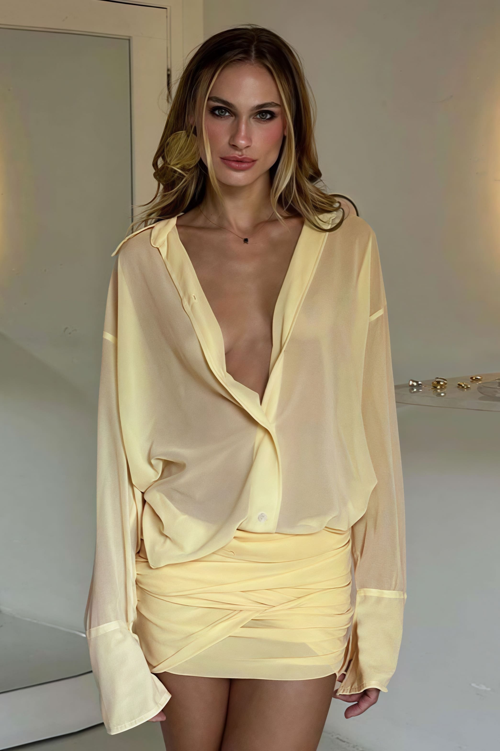 Sheer Button Down Blouse and Ruched Wrap Mini Skirt Set