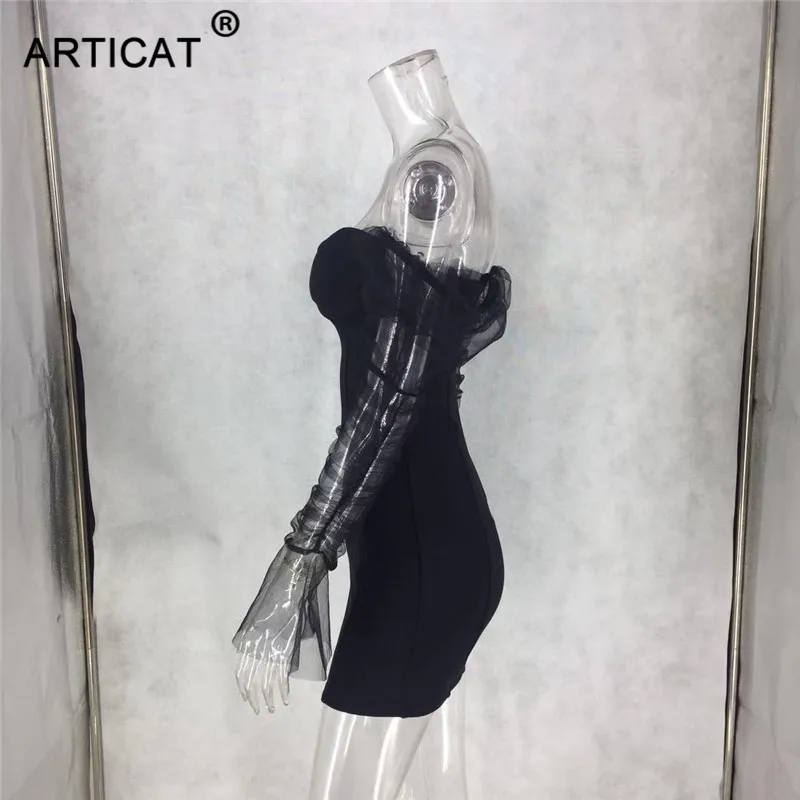 Ootddress Sexy Mesh Puff Sleeve Party Dress Women Low Collar Backless Patchwork Red Mini Dress Nightclub 2020 Spring Vestidos