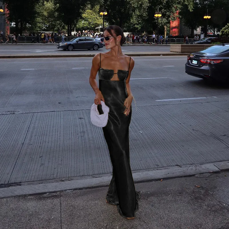 Ootddress Satin Bandage Dress Women Hollow Out Sleeveless Slim Long Dresses Femme Summer Party Elegant Sexy Backless Dress Woman