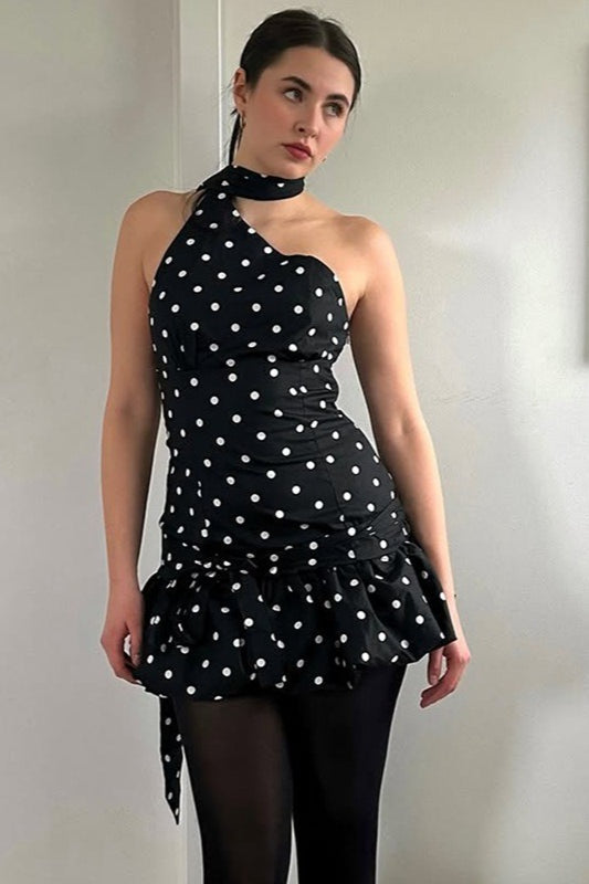 Polka Dot One Shoulder Scarf Neck Ruffled Hem Mini Dress