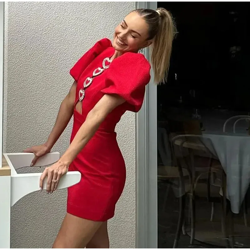 Fashion Puff Sleeve Bow Mini Dress For Women 2025 Spring Summer Solid High-waist Short Dresses Female Elegant Chic Party Looks
