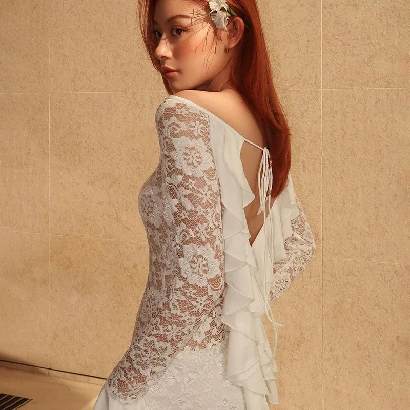 Fantoye Sexy See Through Lace Women Dress White Off Shoulder Flare Sleeve Dress Female Spring Slim Elegant Party Streetwear 2025