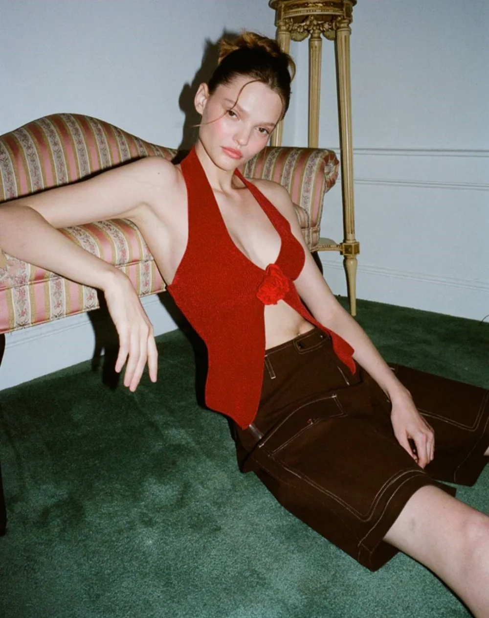 Ootddress Woolen Halter Neck Sleeveless T-shirts For Women Clothing Flower Solid Slim Crop Top Femme Casual Vacation Sexy Vest