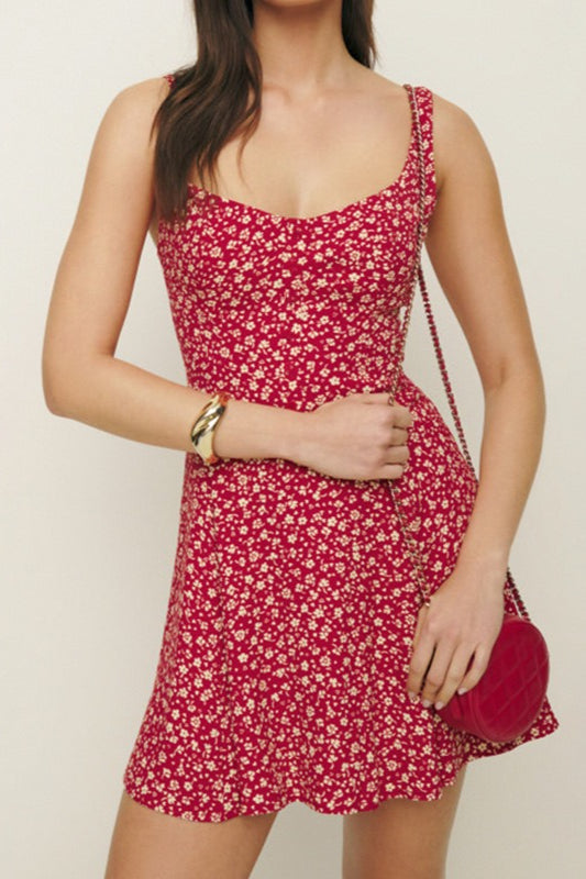 Wide Strap Sweetheart Toile Floral Print Fit and Flare Mini Dress