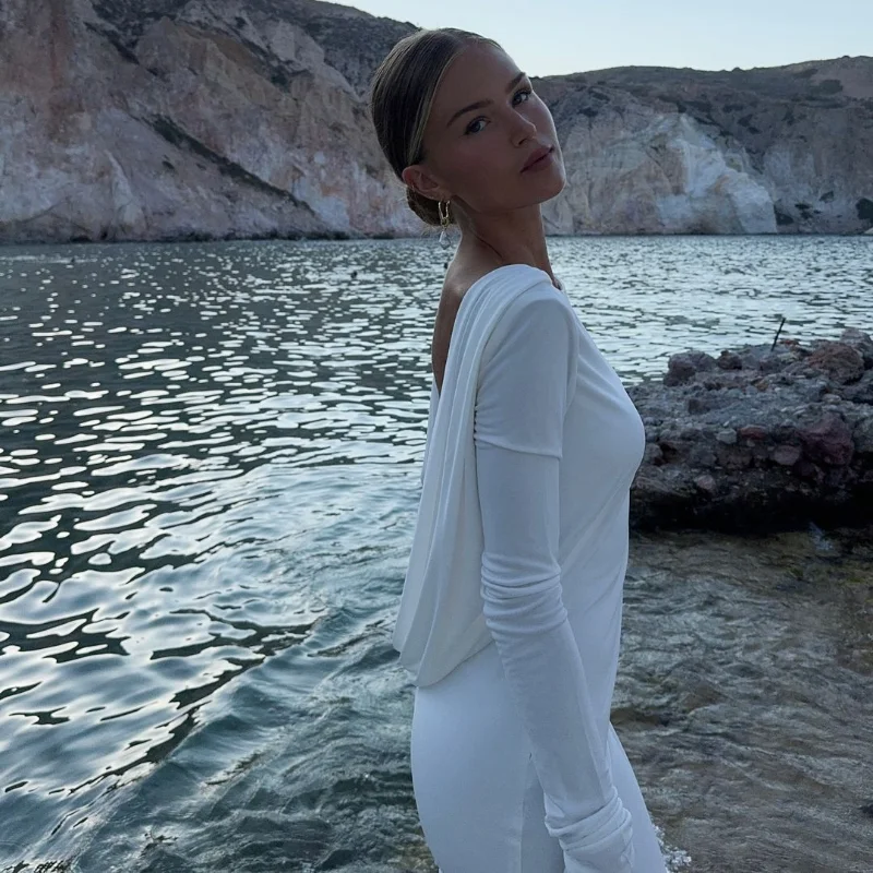 Fashion Solid Hollow Out Maxi Dress For Women Elegant Round Neck Long Sleeve Backless Slim Dresses 2025 New Female Evening Gowns