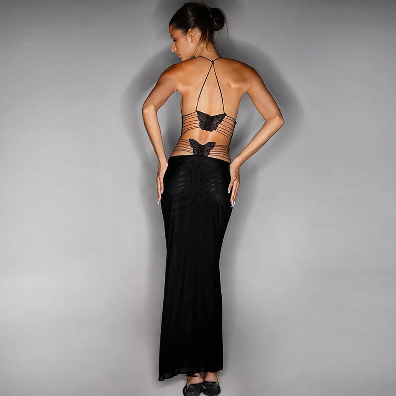 Ootddress Backless Maxi Dress For Women Slim Sexy Butterfly Bodycon Slim Sheath Dress Women's Club Deep V Neck Dresses Woman 2025
