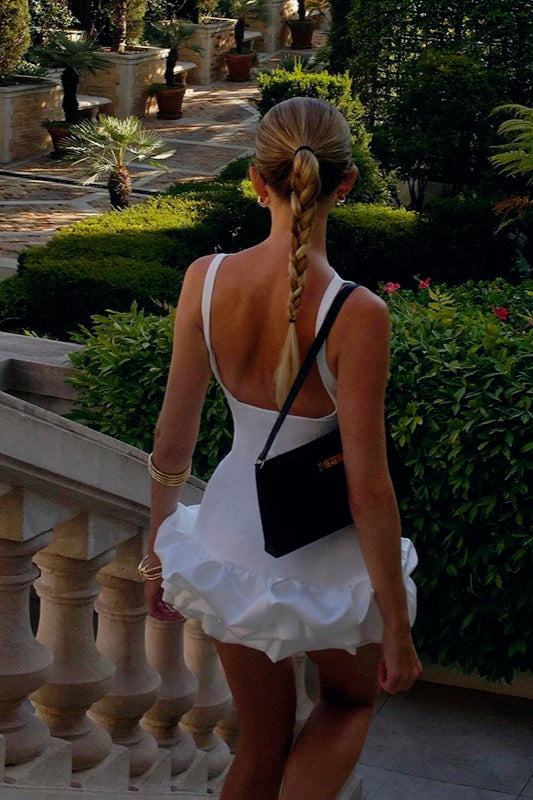 Sleeveless Boat Neck Ruched Ruffle Hem Mini Dress