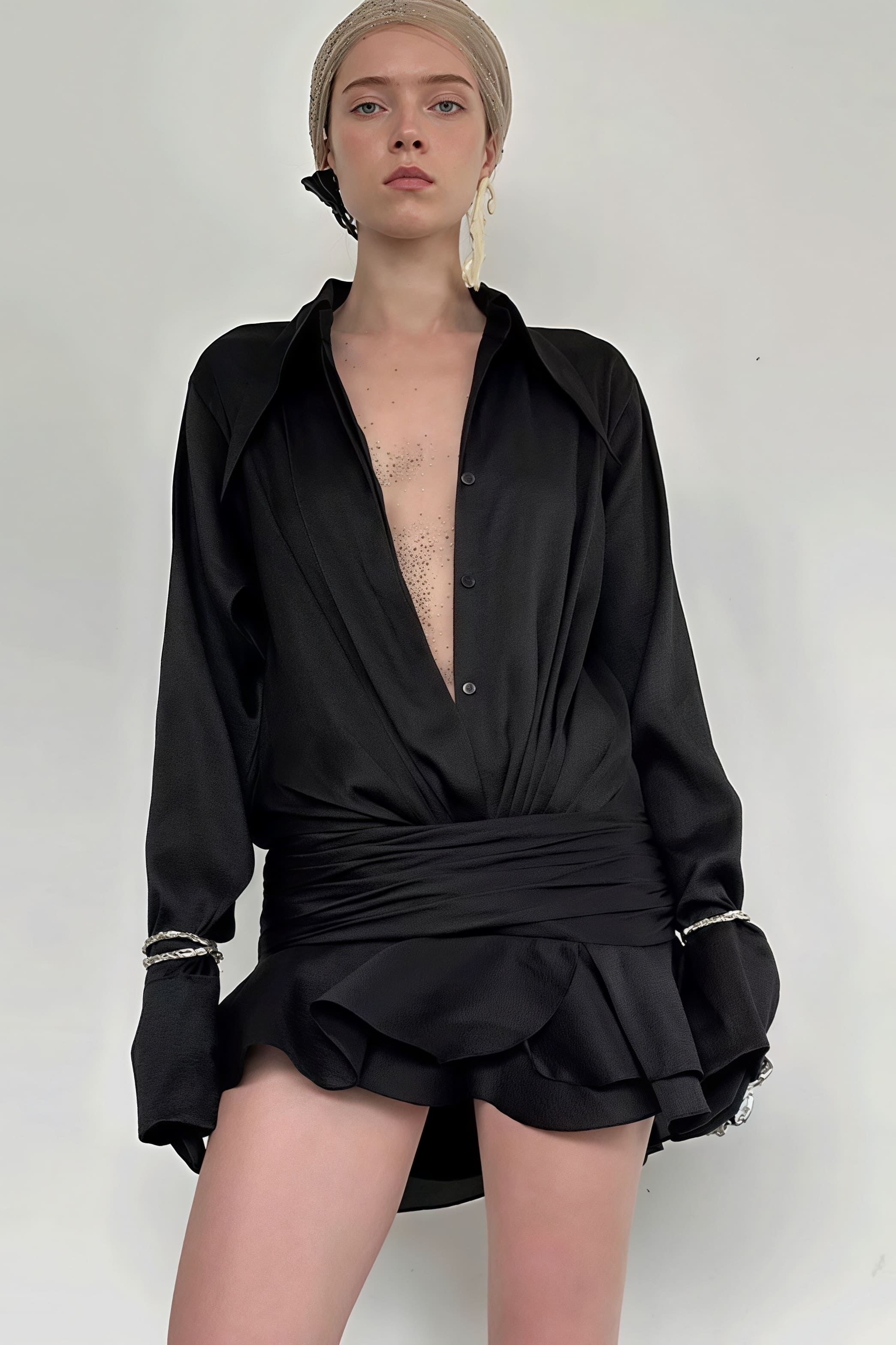 Semi Sheer Mesh Deep V-Neck Blouse and Tiered Ruffle Wrap Mini Skirt Set