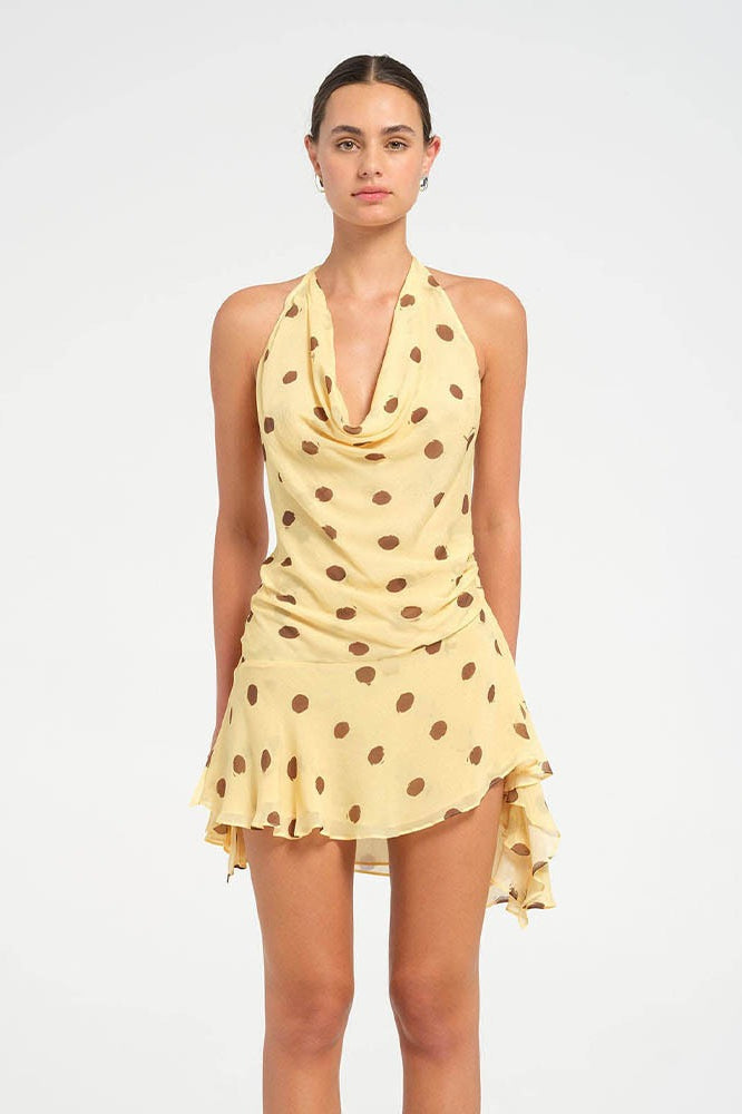 Polka Dot Chiffon Halter Cowl Neck Ruffled Hem Backless Mini Dress