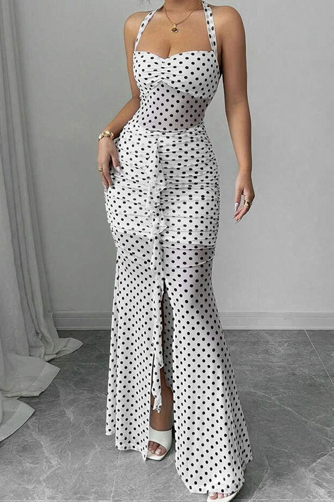 Polka Dot Halter Neck Sweetheart Ruched Cascade Ruffle Bodycon Midi Dress