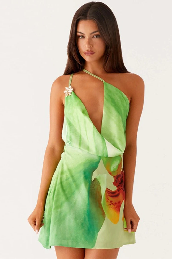 Abstract Watercolor Print Cowl Neck Diagonal Cutout Asymmetric Strap Mini Dress