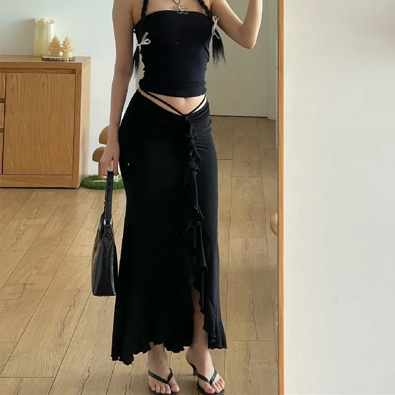 Ootddress Ruffled Fashion Tassel Skirt For Women Casual Patchwork Pleated Y2k Skirt Low Waist Lace-Up Slim Outfits Black Midi Skirt 10 Ootddress Ruffled Fashion Tassel Skirt For Women Casual Patchwork Pleated Y2k Skirt Low Waist Lace-Up Slim Outfits Black Midi Skirt