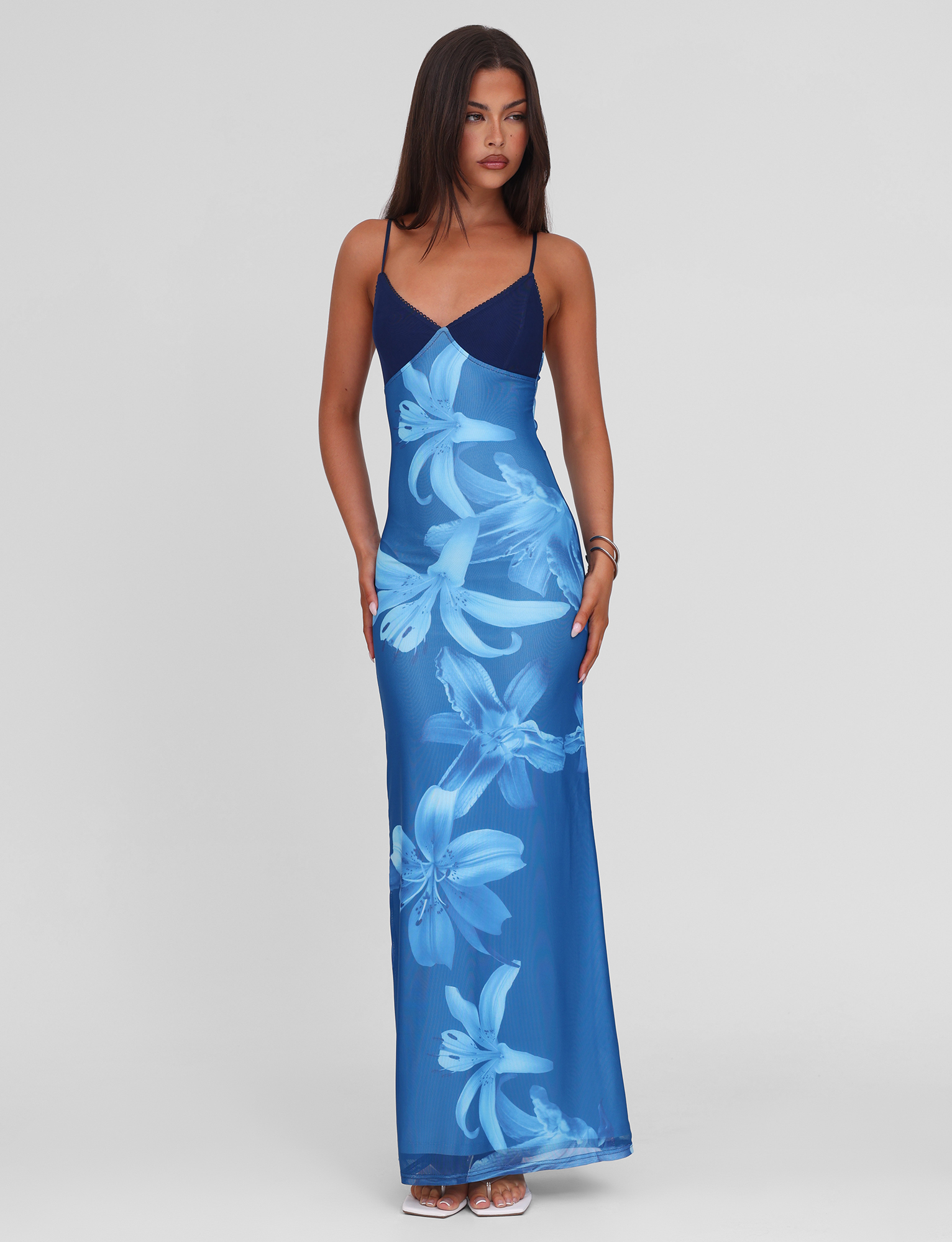 Lily Floral Print V Neck Spaghetti Strap Contrast Bodice Bodycon Maxi Dress