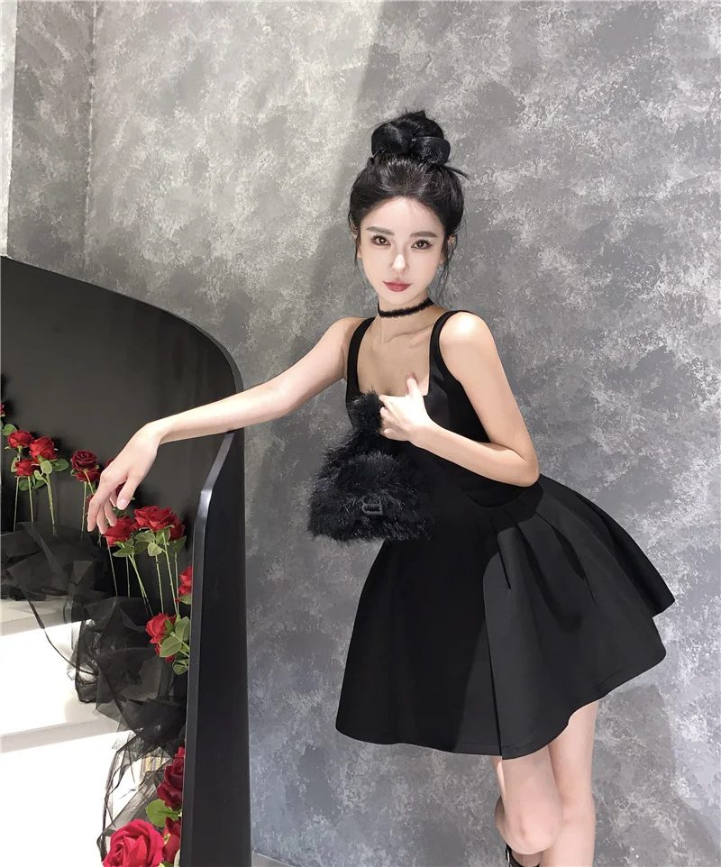 Y2K Black Short Dress Women Spaghetti Strap New Summer Sexy Evening Party Dresses with Pockets French Vintage Backless Clothing
