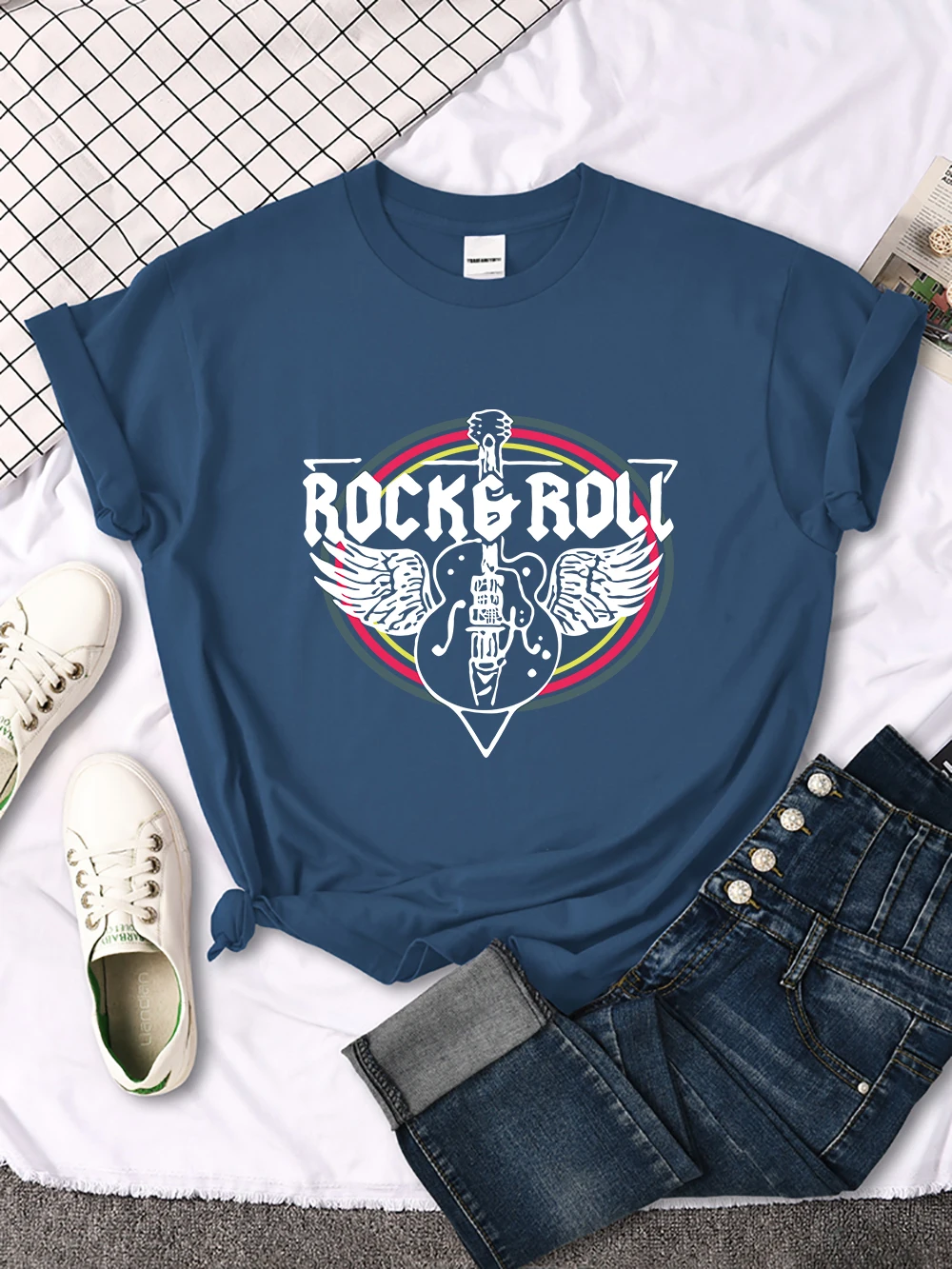 Rock Roll Electric Guitar Printed T-Shirt Women Casual Comfortable Tops Breathable Cool Short Sleeve O-Neck Street Tee Clothing