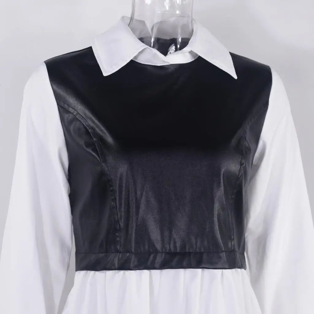 Plaid Shirt Casual Vestidos Long Sleeve White Short Dress For Women Summer PU Leather Patchwork Sweet Office Ladies Mini Dresses