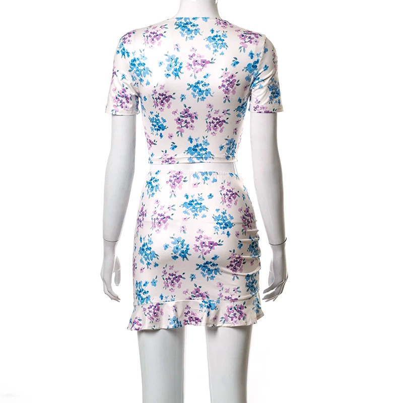 Ootddress Sexy Floral Dress Two Piece Set Women Summer Set Hollow Out Crop-Top And Skirt Suit Cross Lace Up 2025 New Boho Dresses