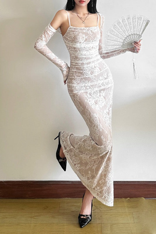 Floral Lace Square Neck Long Sleeve Ruched Mermaid Maxi Dress