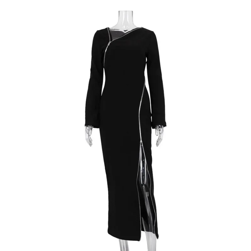 Ootddress Zipper Patchwork Black Long Dress Women Off-Shoulder High Waist Elegant Clothes Party Dress Casual Ladies Slim Maxi Dress