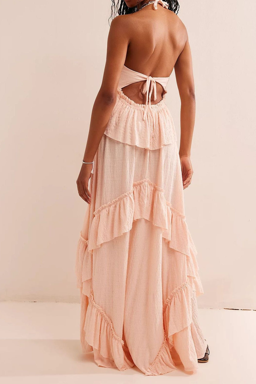 Halter Back Tie Tiered Ruffle Maxi Skirt Two Piece Set