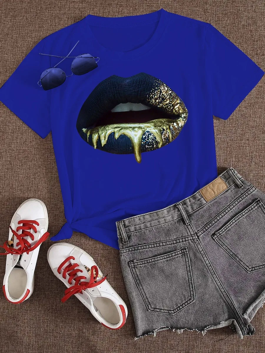 Plus Size Round Neck Lip Print T-shirt Women's Sexy Short-Sleeved Basic White T-shirt