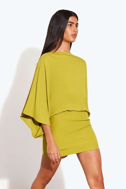 Deep Back Cowl Neck Draped Wing Sleeve Loose Mini Dress