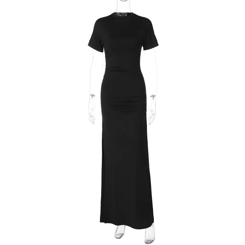 Women's Elegant O Neck Maxi Dress Short Sleeve Slim High Waist Shirring Dress Sexy Side Slit Evening Club Bodycon Dress Lady 7 Women's Elegant O Neck Maxi Dress Short Sleeve Slim High Waist Shirring Dress Sexy Side Slit Evening Club Bodycon Dress Lady